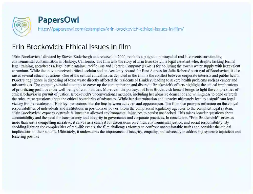Essay on Erin Brockovich: Ethical Issues in Film