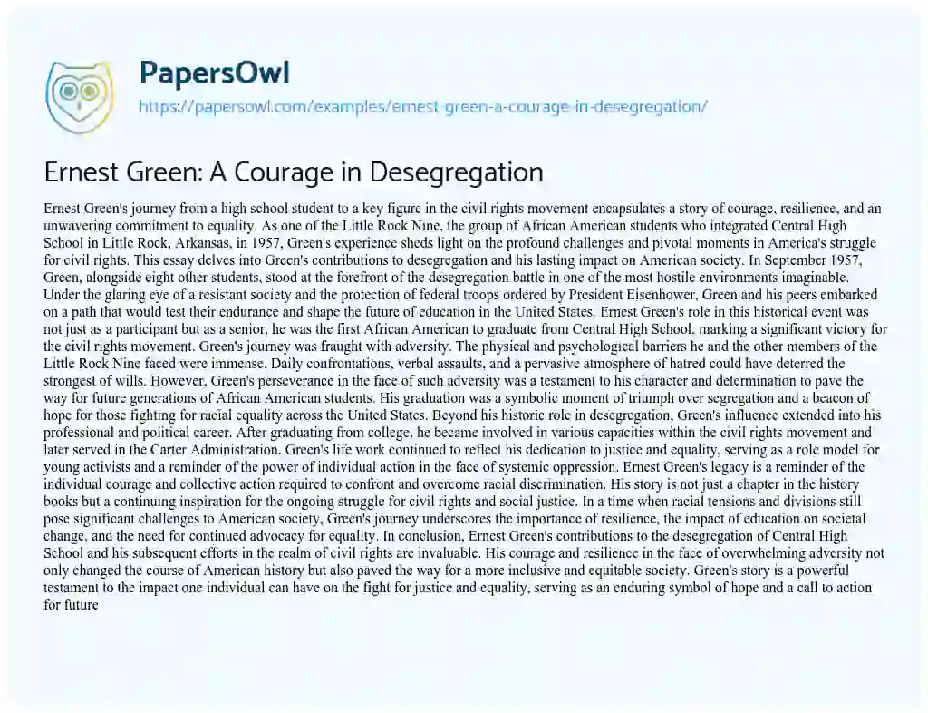 Essay on Ernest Green: a Courage in Desegregation