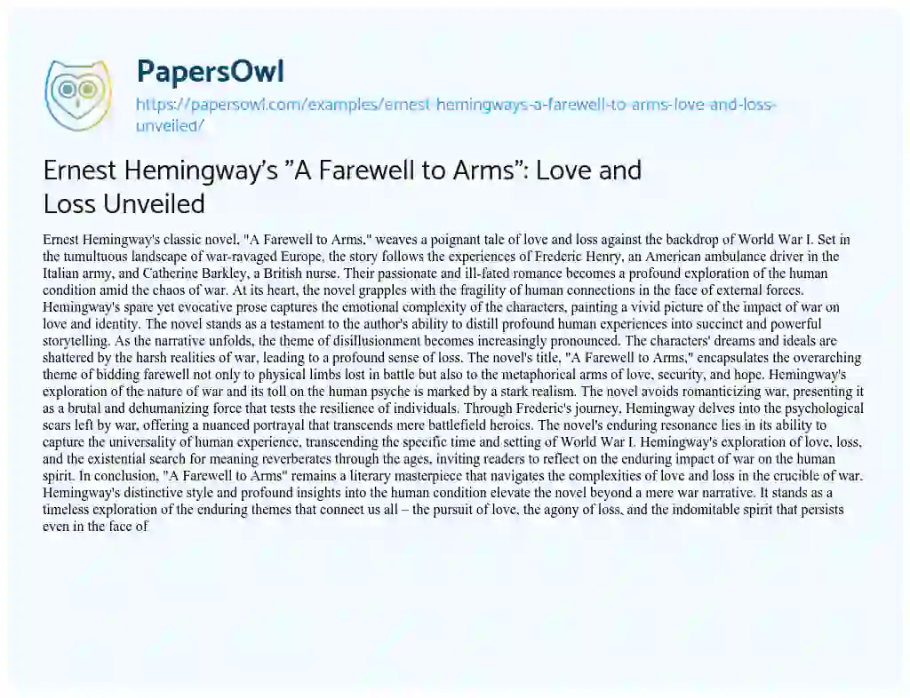 Essay on Ernest Hemingway’s “A Farewell to Arms”: Love and Loss Unveiled
