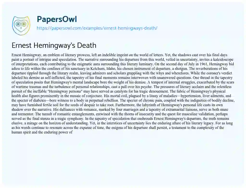 Essay on Ernest Hemingway’s Death