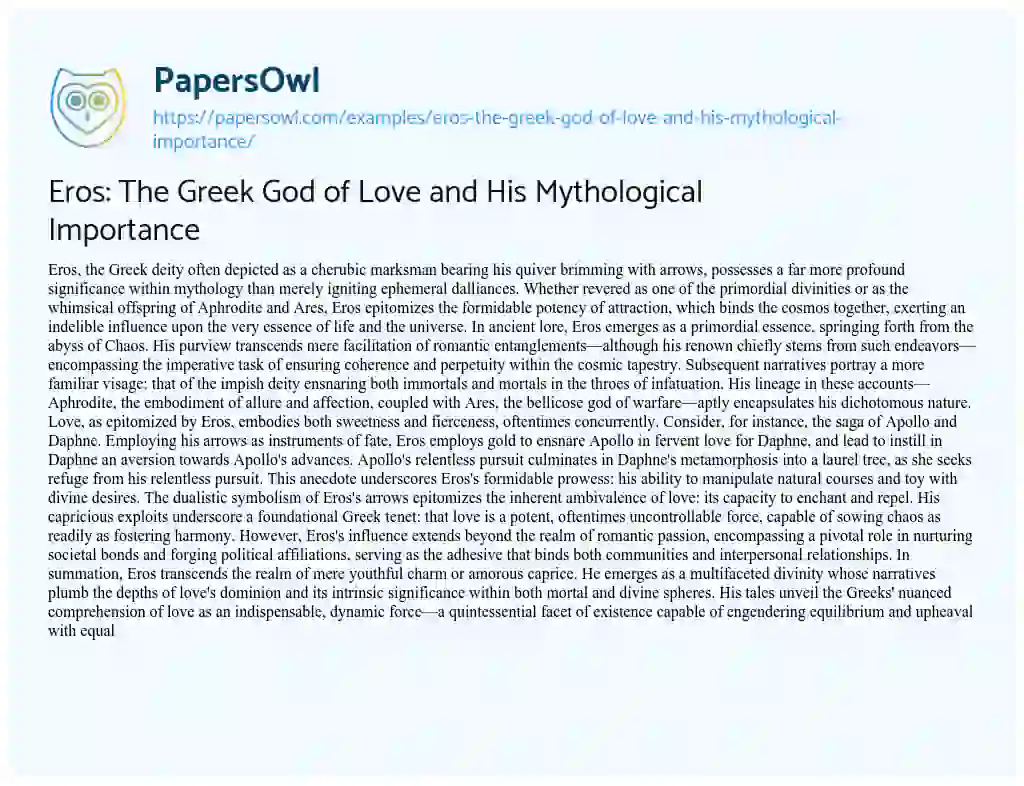 Essay on Eros: The Greek God of Love and His Mythological Importance