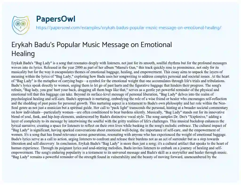 Essay on Erykah Badu’s Popular Music Message on Emotional Healing