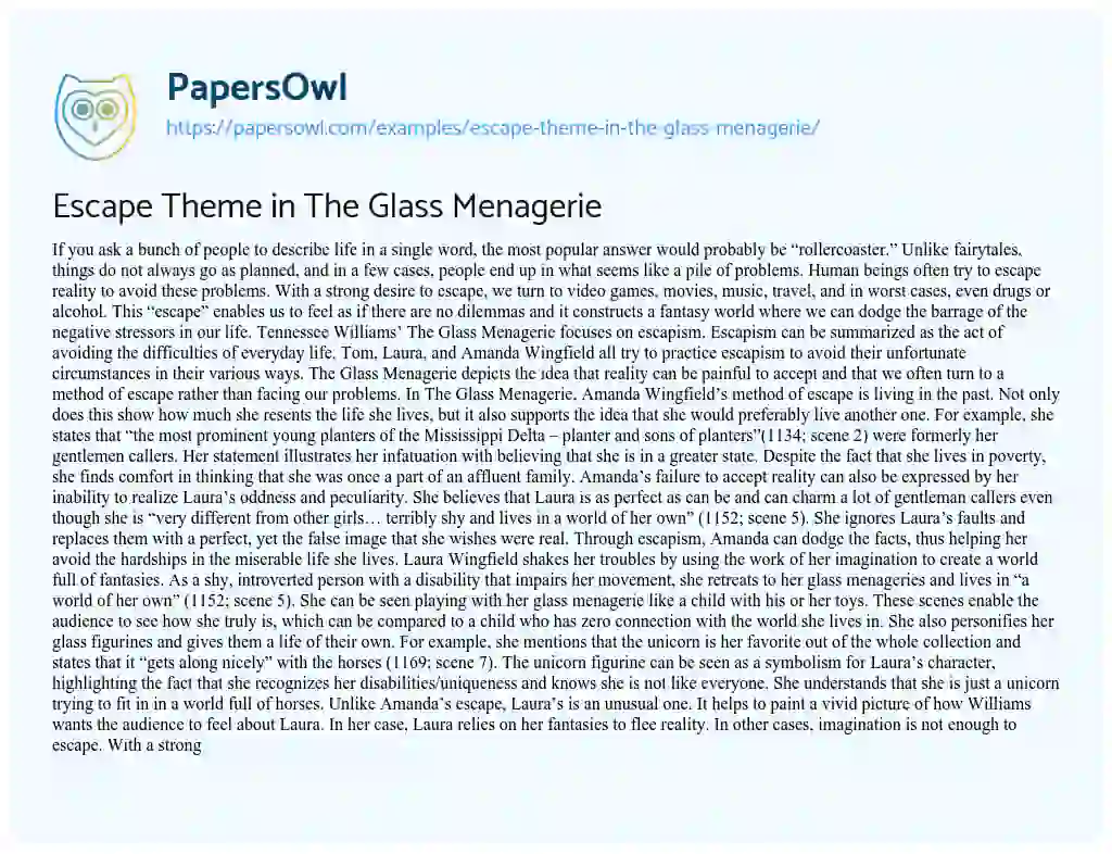 Escape Theme in the Glass Menagerie essay