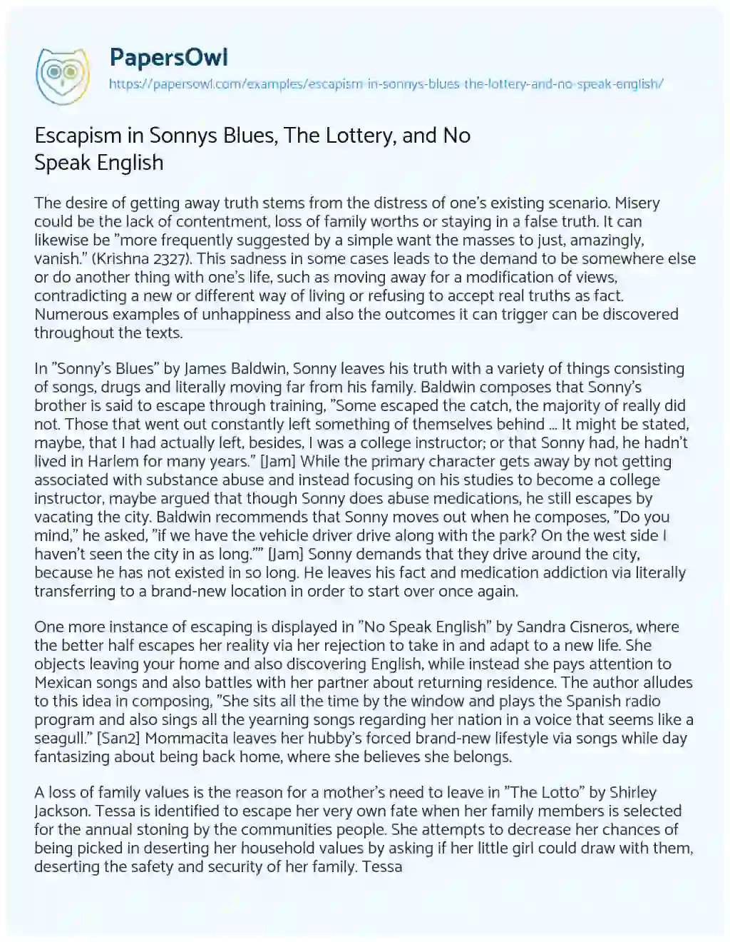 Essay on Escapism in Sonnys Blues, the Lottery, and no Speak English