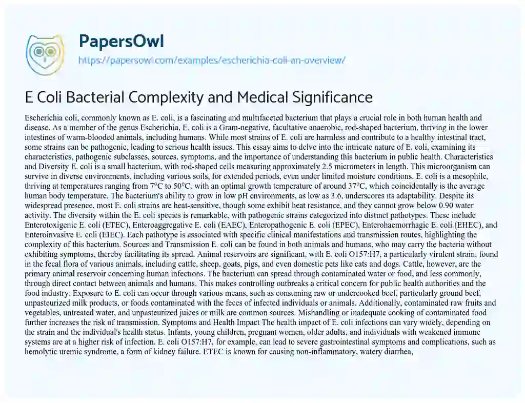 Essay on Escherichia Coli – an Overview