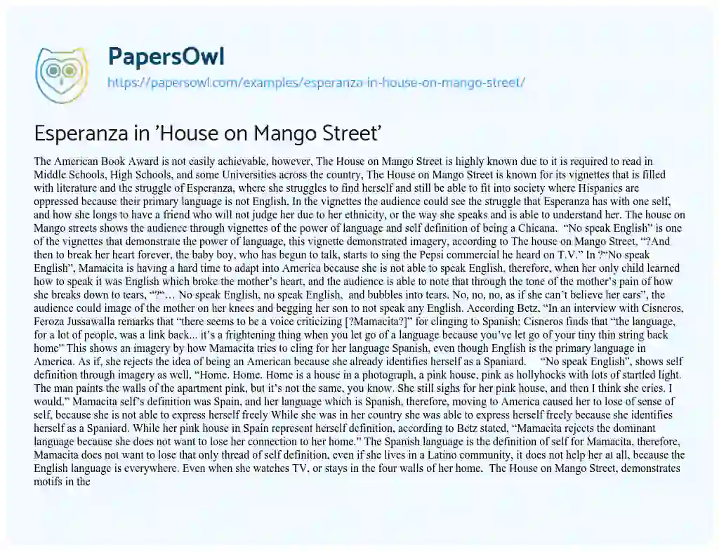 Essay on Esperanza in ‘House on Mango Street’