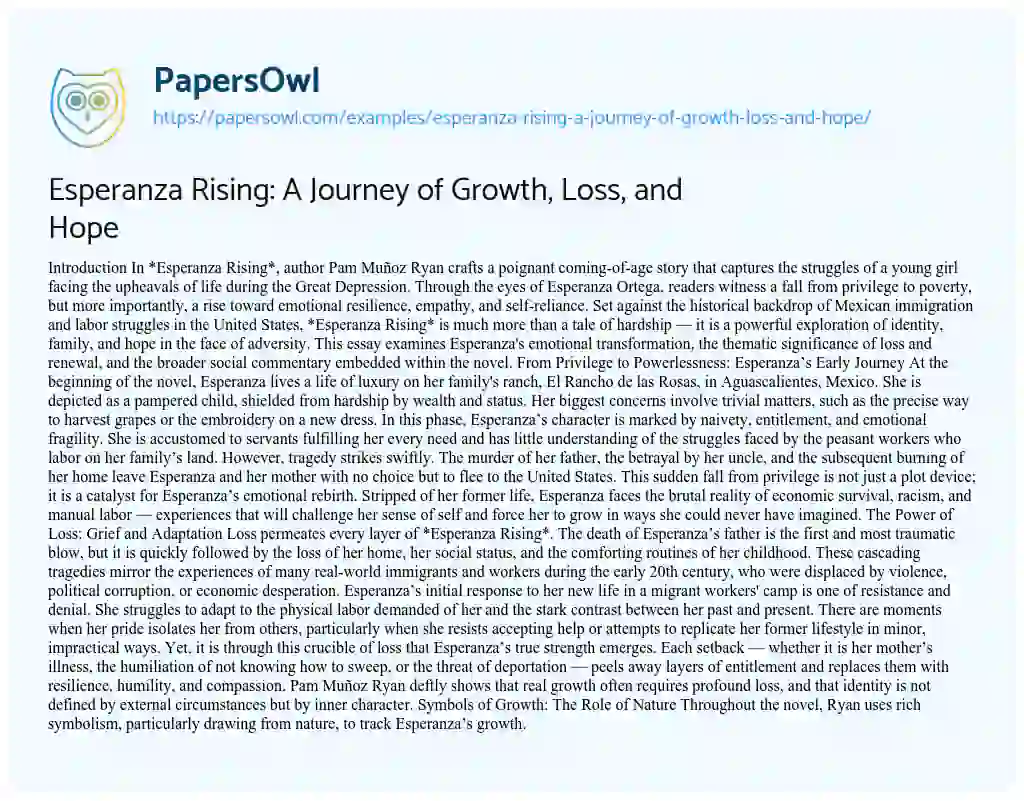 Essay on Esperanza Rising: A Journey of Growth, Loss, and Hope