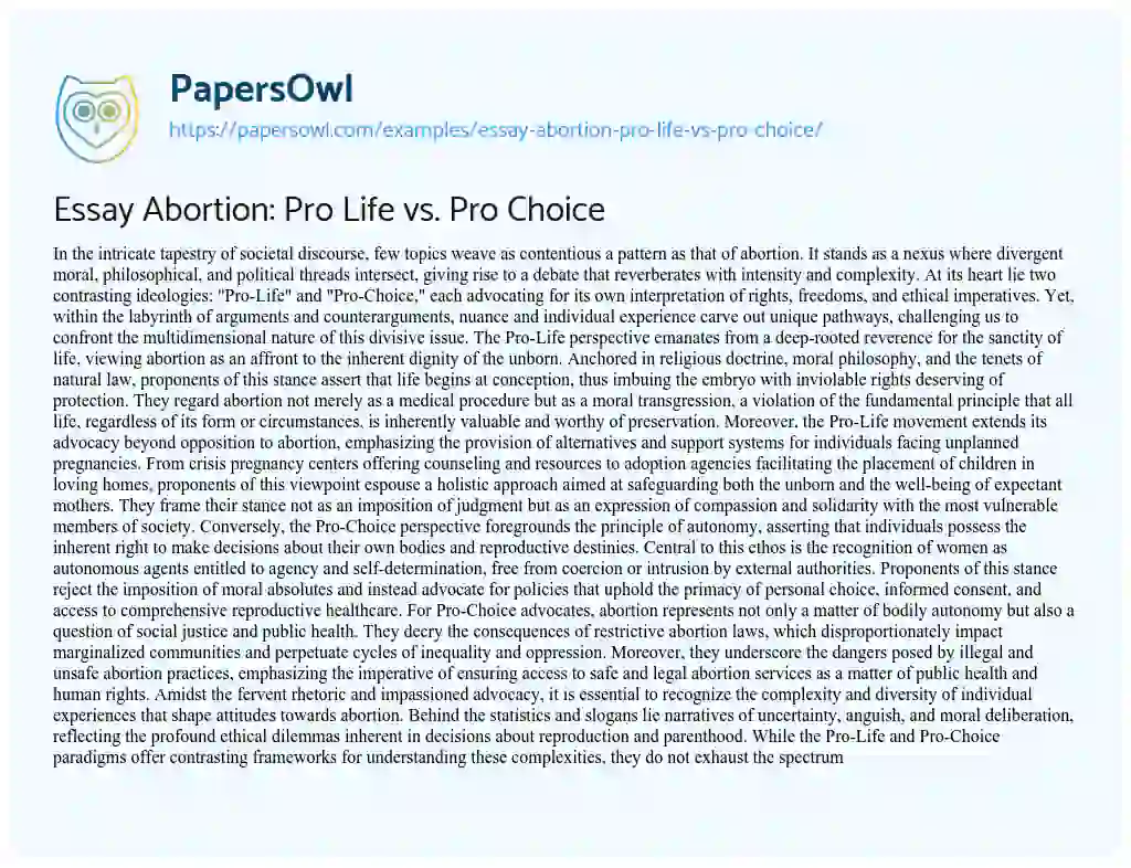 Essay on Essay Abortion: Pro Life Vs. Pro Choice