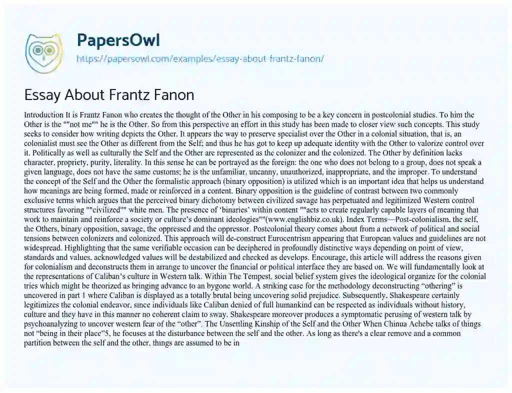 Essay on Essay about Frantz Fanon
