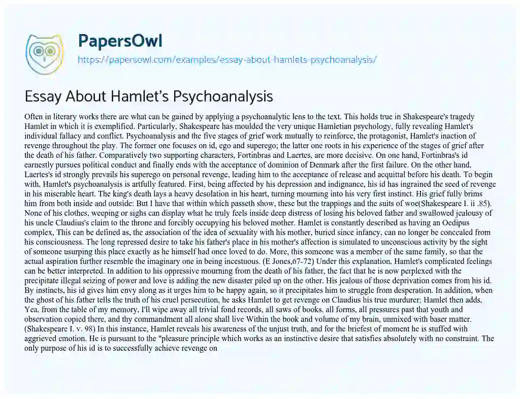 Essay on Essay about Hamlet’s Psychoanalysis