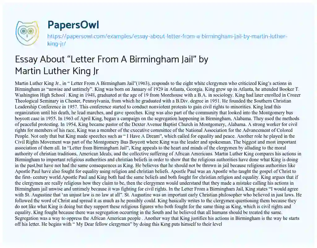 Essay on Essay about “Letter from a Birmingham Jail” by Martin Luther King Jr