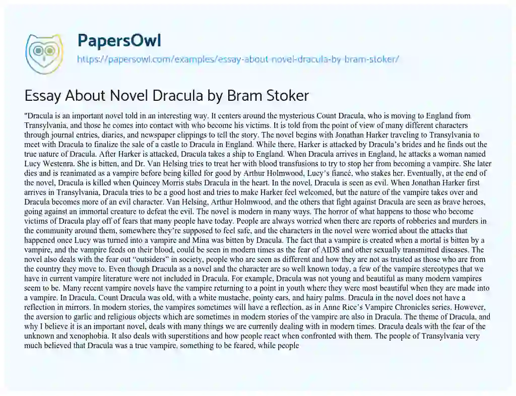 Essay on Essay about Novel Dracula by Bram Stoker