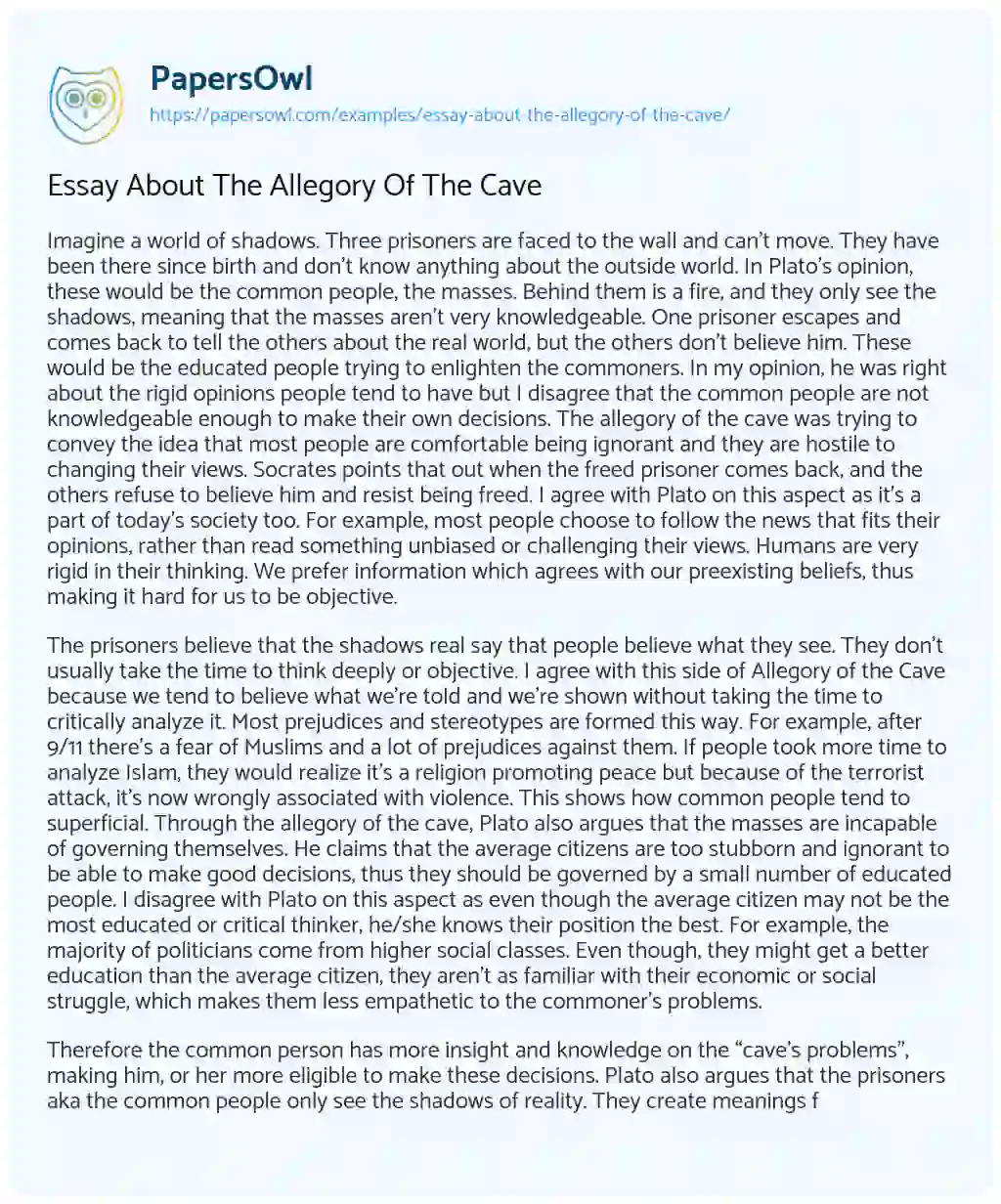 Essay on Essay about the Allegory of the Cave