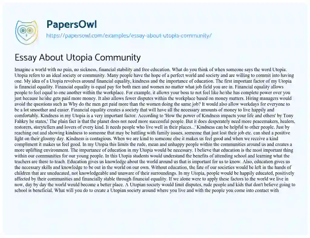 Essay on Essay about Utopia Community