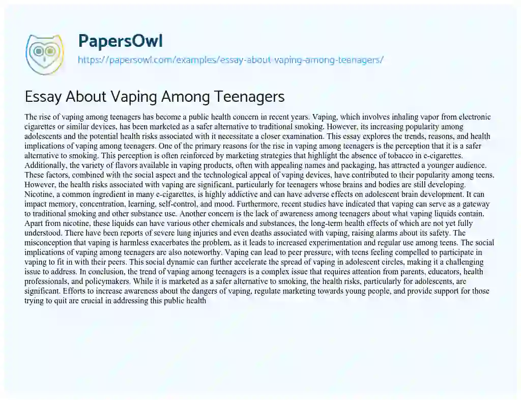 Essay on Essay about Vaping Among Teenagers