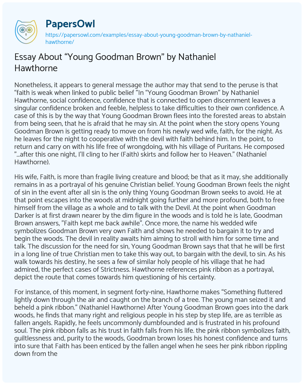 Essay about “Young Goodman Brown” by Nathaniel Hawthorne Essay about “Young Goodman Brown” by Nathaniel Hawthorne essay
