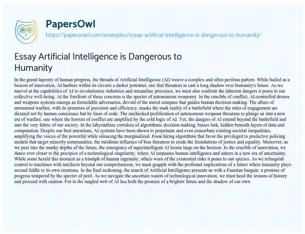 Essay on Essay Artificial Intelligence is Dangerous to Humanity