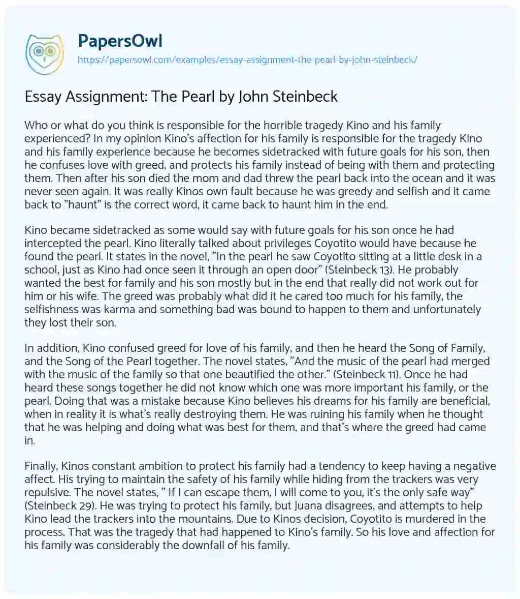 Essay Assignment: the Pearl by John Steinbeck essay