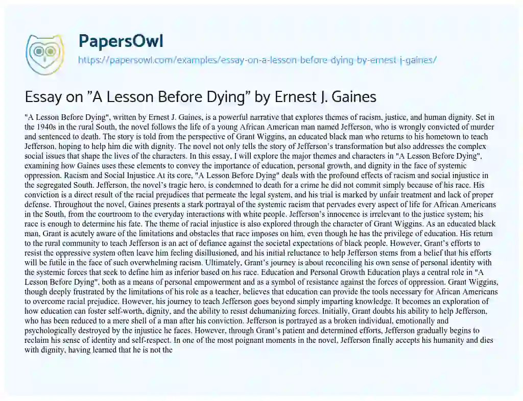Essay on Essay on “A Lesson Before Dying” by Ernest J. Gaines