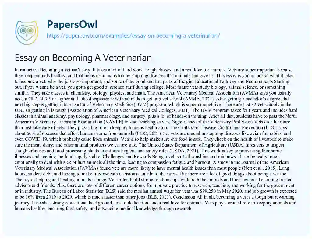 Essay on Essay on Becoming a Veterinarian