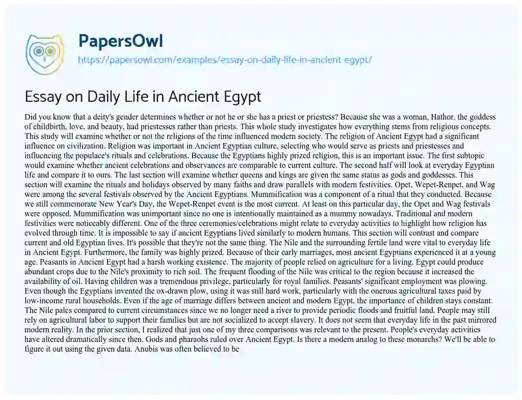 Essay on Essay on Daily Life in Ancient Egypt
