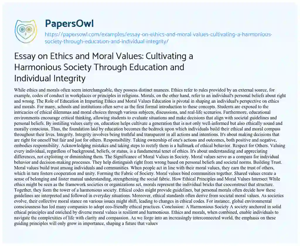 Essay on Essay on Ethics and Moral Values: Cultivating a Harmonious Society through Education and Individual Integrity