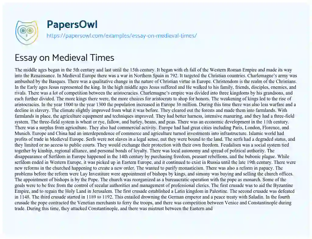 Essay on Essay on Medieval Times