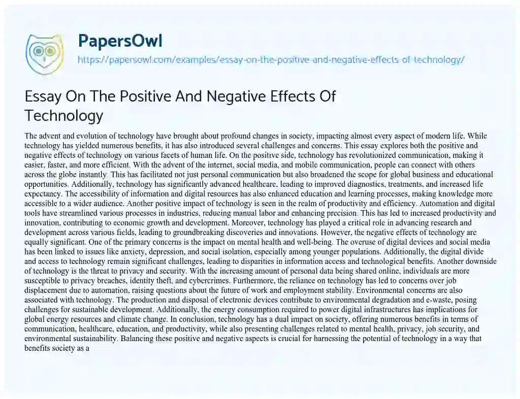 Essay on Essay on the Positive and Negative Effects of Technology