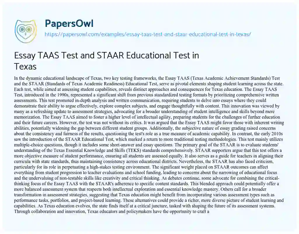 Essay on Essay TAAS Test and STAAR Educational Test in Texas