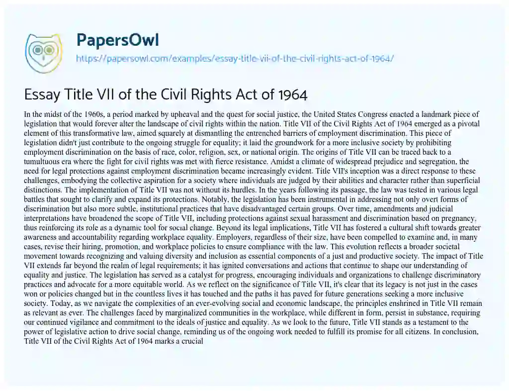 Essay on Essay Title VII of the Civil Rights Act of 1964