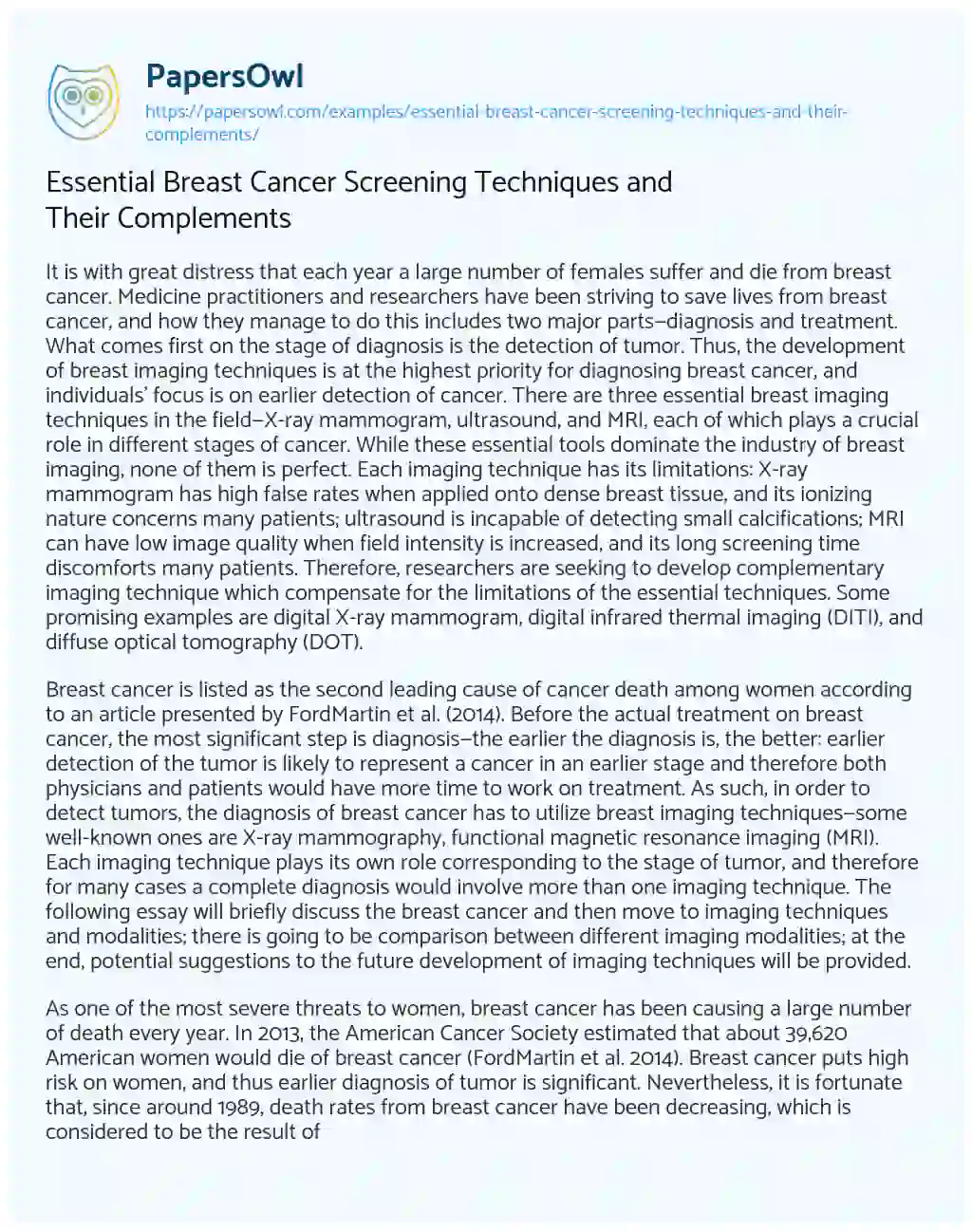 Essay on Essential Breast Cancer Screening Techniques and their Complements