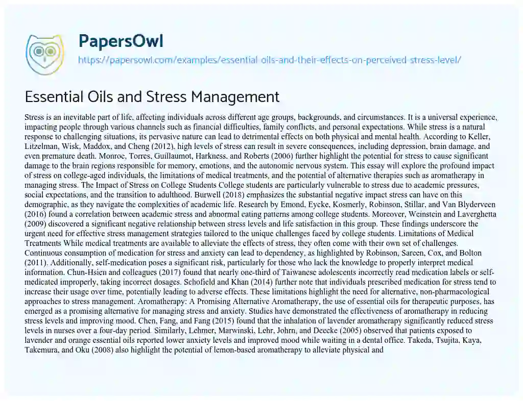 Essay on Essential Oils and their Effects on Perceived Stress Level