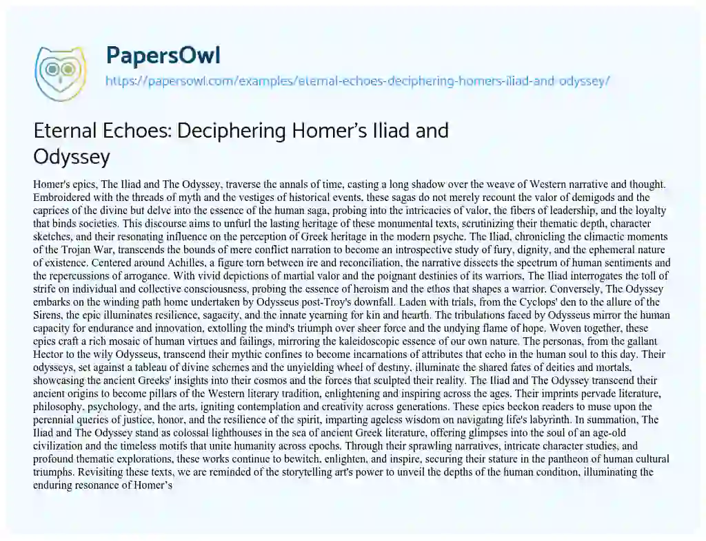 Essay on Eternal Echoes: Deciphering Homer’s Iliad and Odyssey