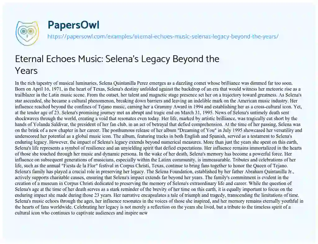 Essay on Eternal Echoes Music: Selena’s Legacy Beyond the Years