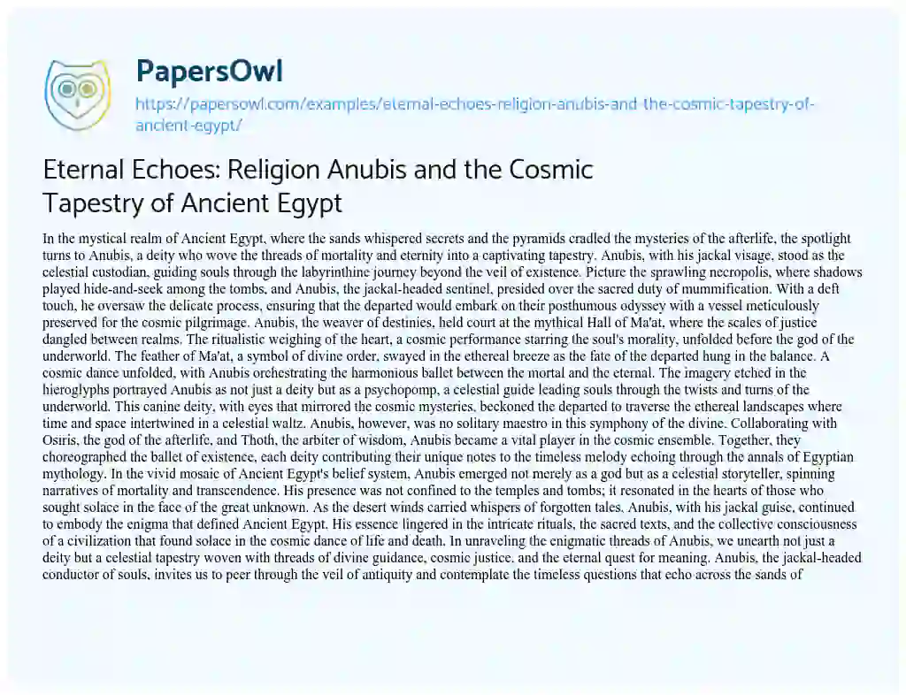 Essay on Eternal Echoes: Religion Anubis and the Cosmic Tapestry of Ancient Egypt