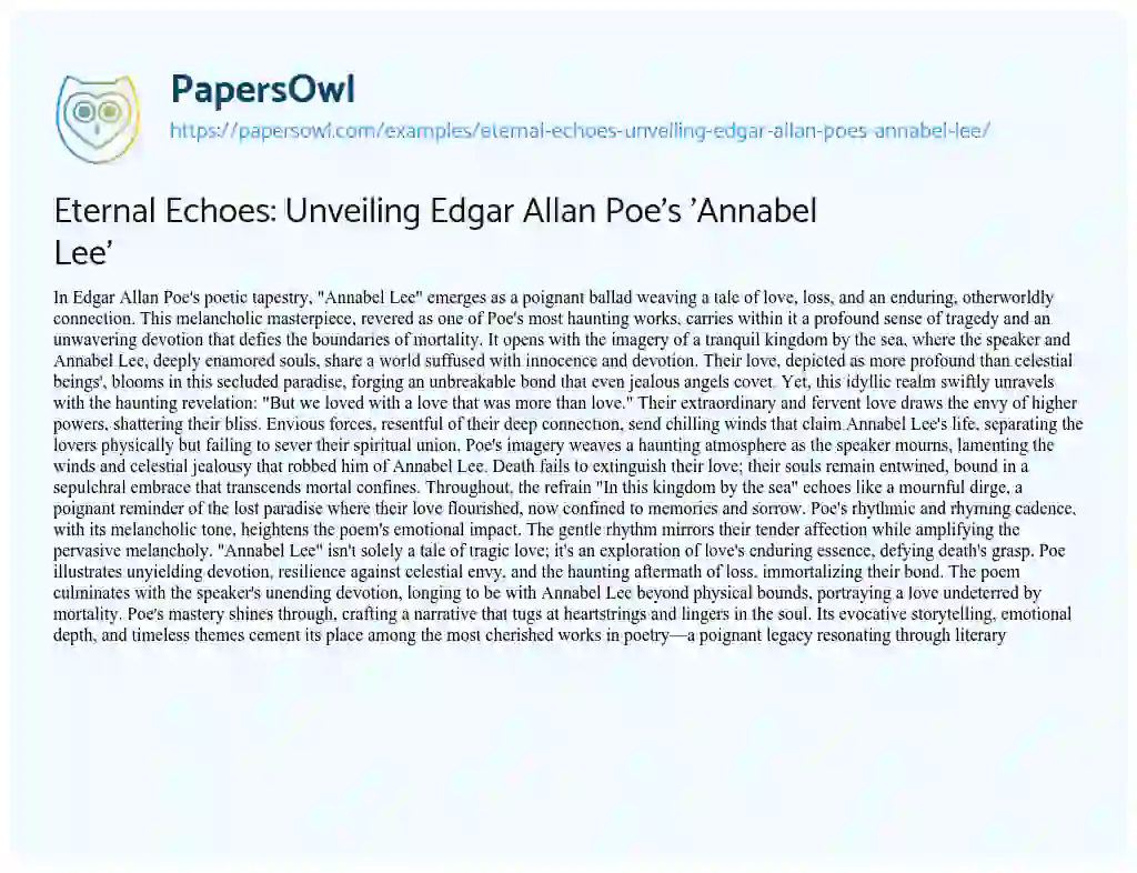 Essay on Eternal Echoes: Unveiling Edgar Allan Poe’s ‘Annabel Lee’