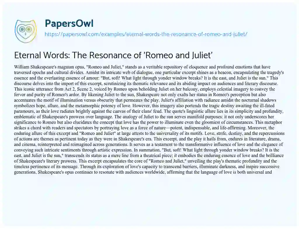 Essay on Eternal Words: the Resonance of ‘Romeo and Juliet’