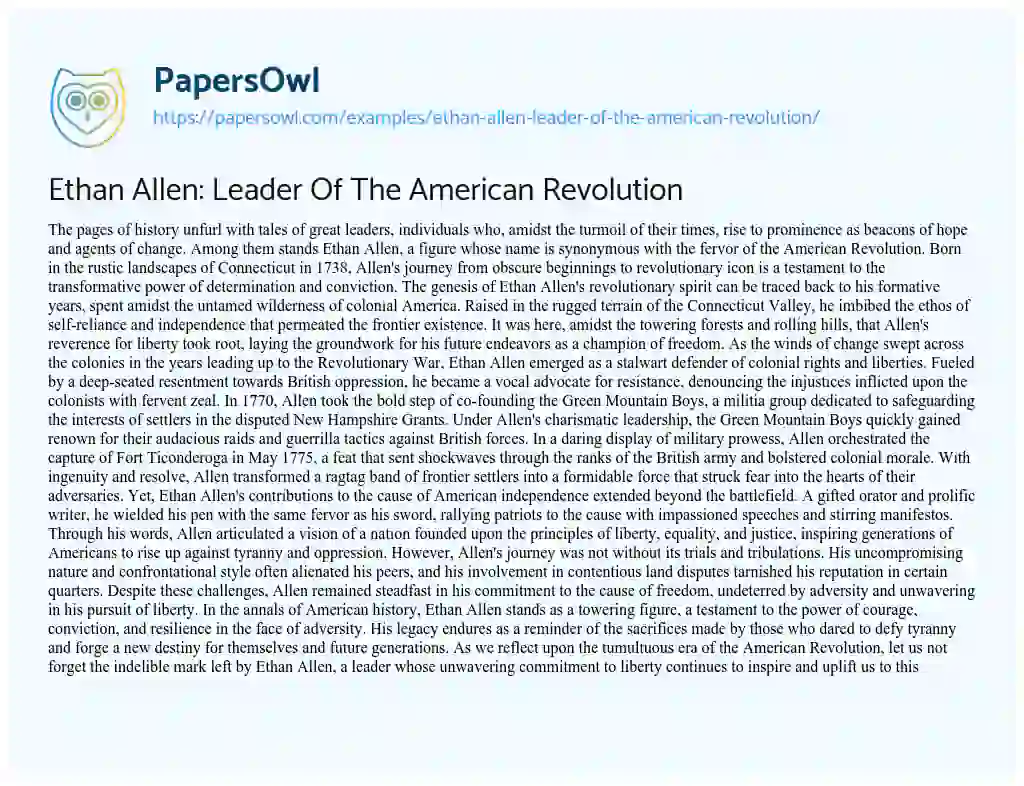 Essay on Ethan Allen: Leader of the American Revolution