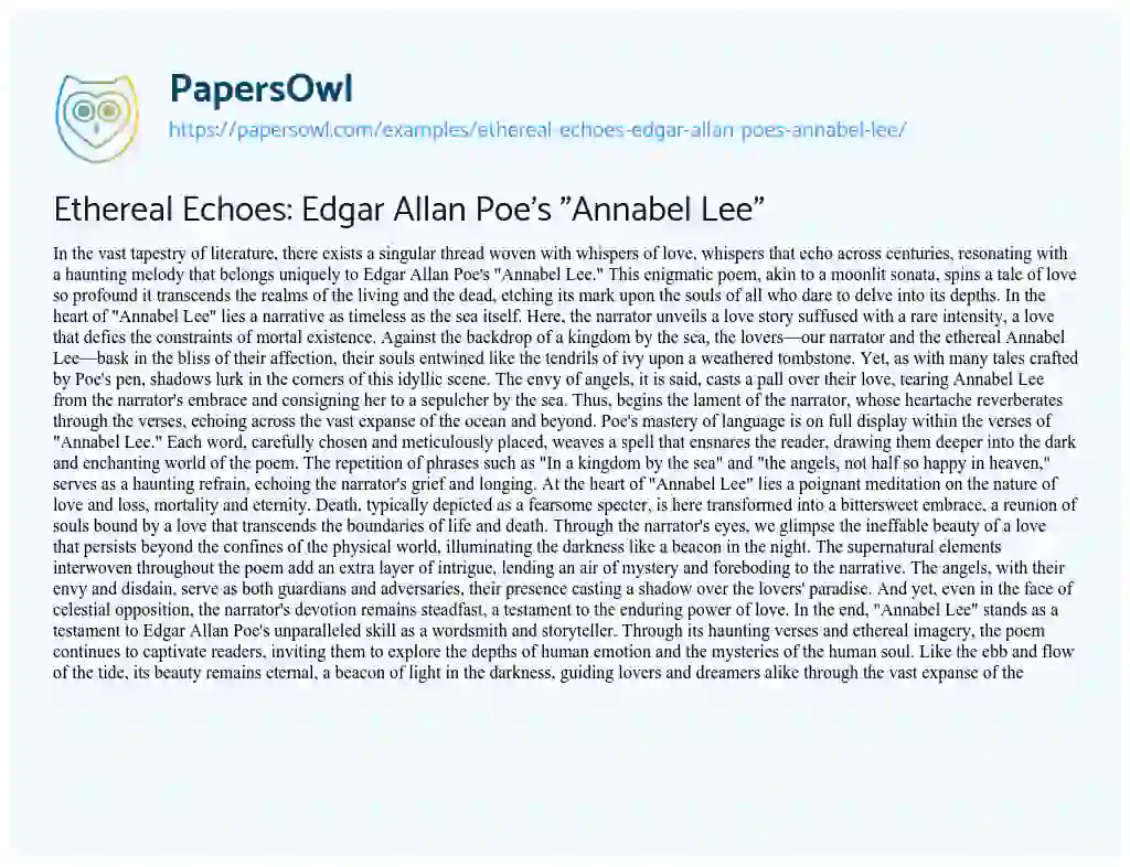 Essay on Ethereal Echoes: Edgar Allan Poe’s “Annabel Lee”