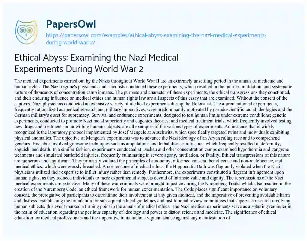 Essay on Ethical Abyss: Examining the Nazi Medical Experiments during World War 2