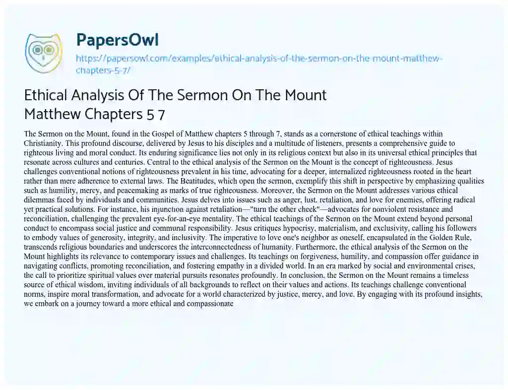 Essay on Ethical Analysis of the Sermon on the Mount Matthew Chapters 5 7
