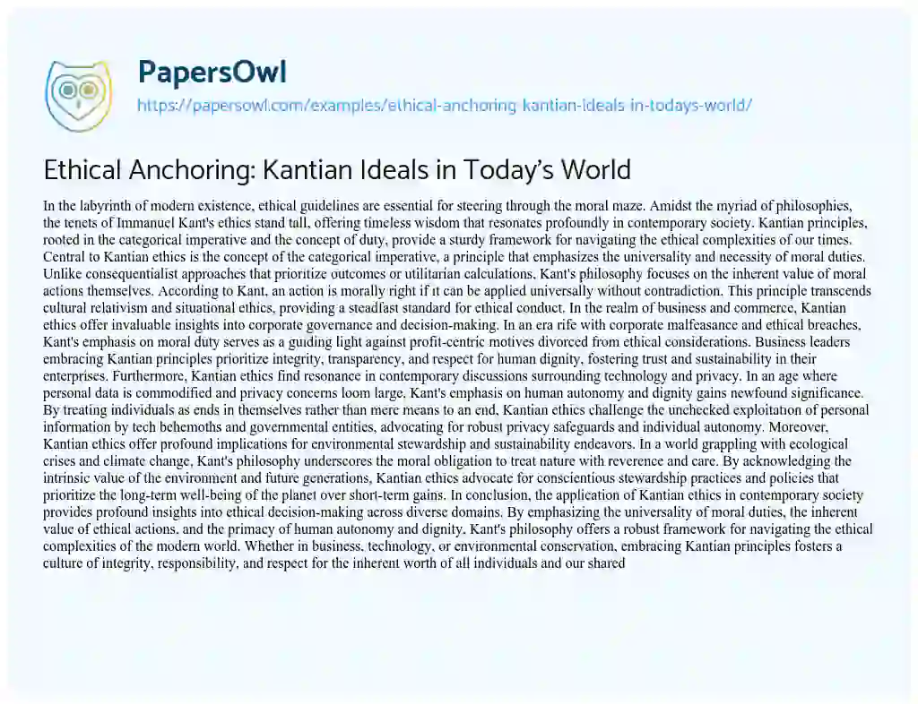 Essay on Ethical Anchoring: Kantian Ideals in Today’s World