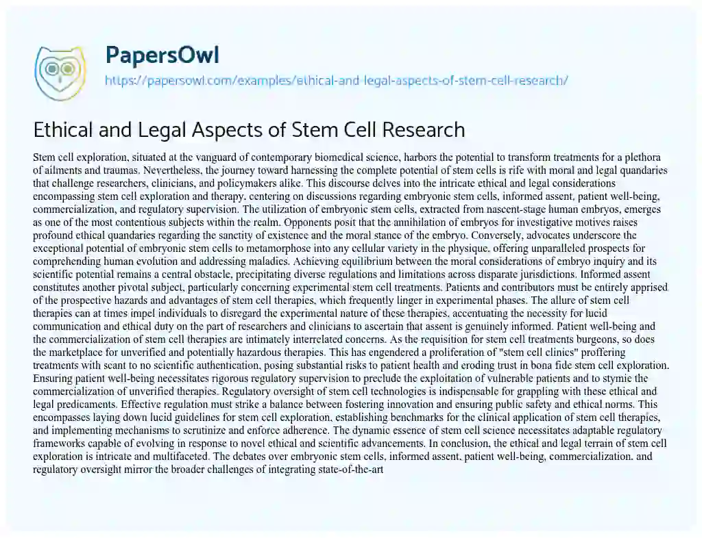 Essay on Ethical and Legal Aspects of Stem Cell Research