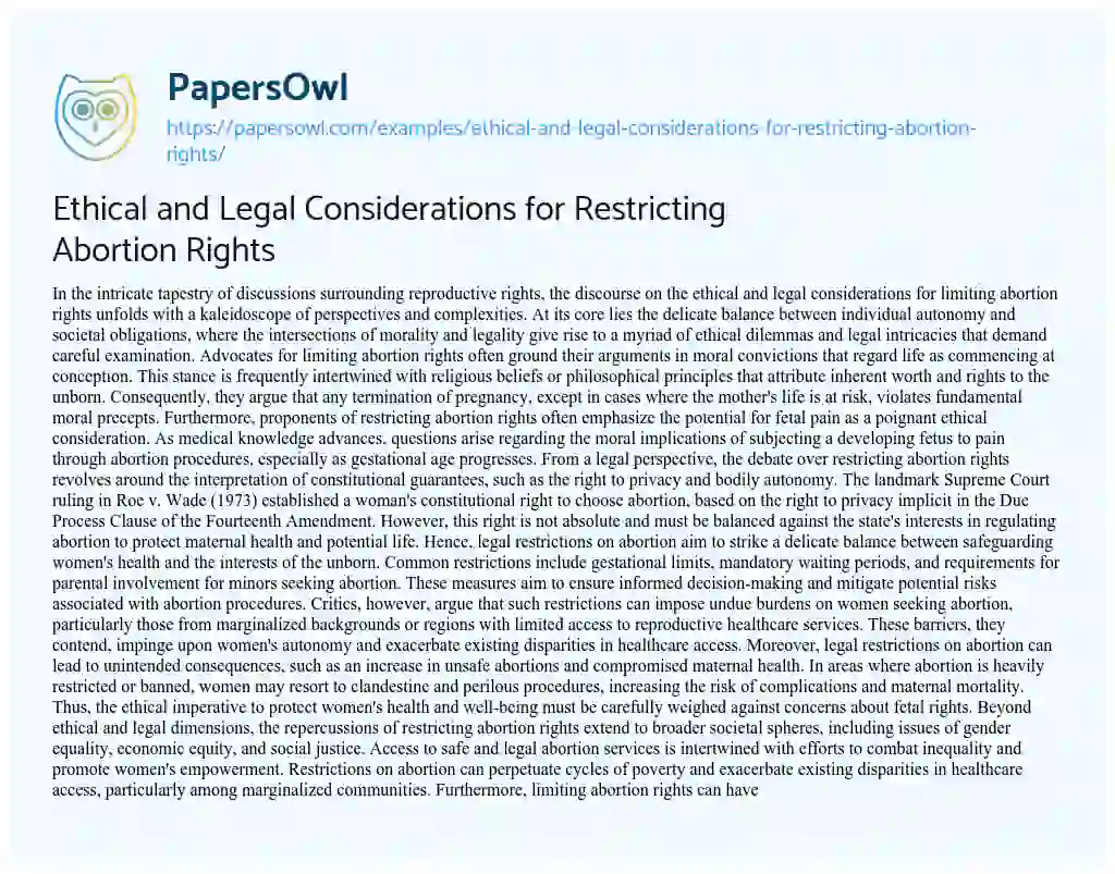 Essay on Ethical and Legal Considerations for Restricting Abortion Rights