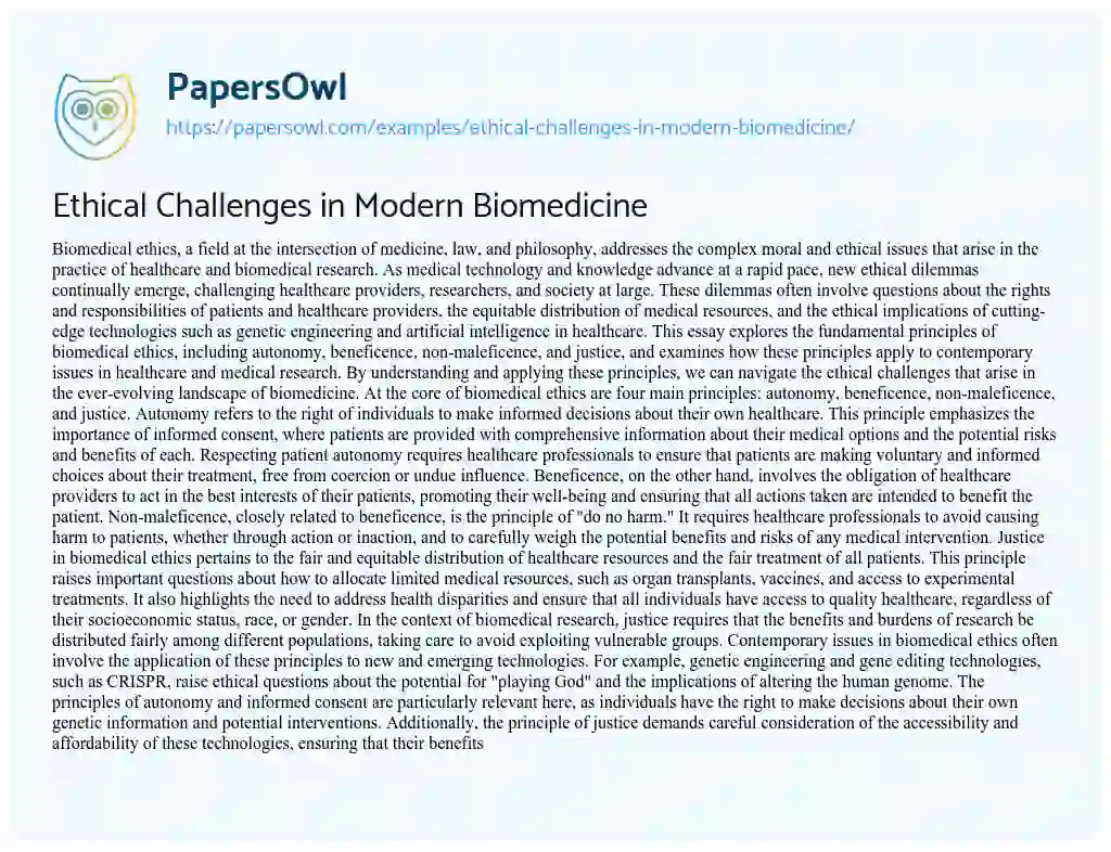 Essay on Ethical Challenges in Modern Biomedicine