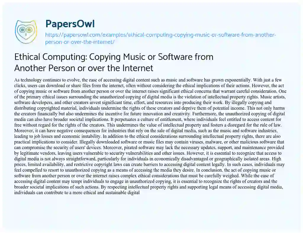 Essay on Ethical Computing: Copying Music or Software from Another Person or over the Internet