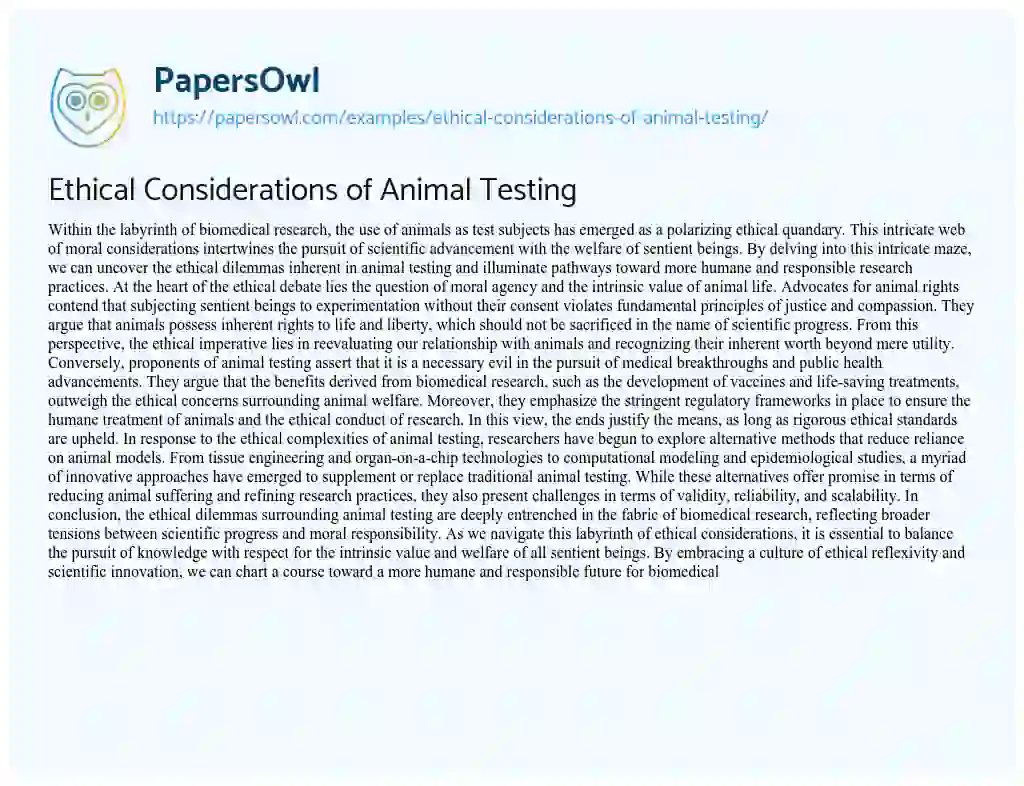 Essay on Ethical Considerations of Animal Testing