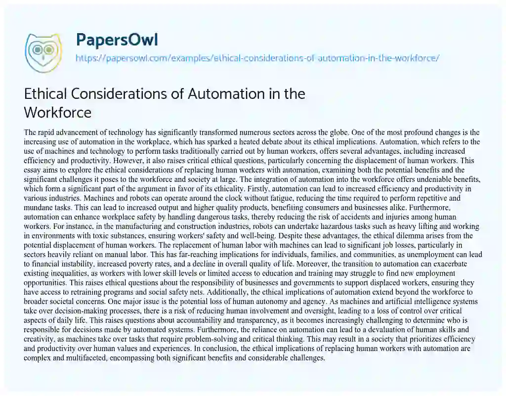 Essay on Ethical Considerations of Automation in the Workforce