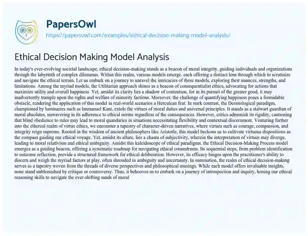 Essay on Ethical Decision Making Model Analysis