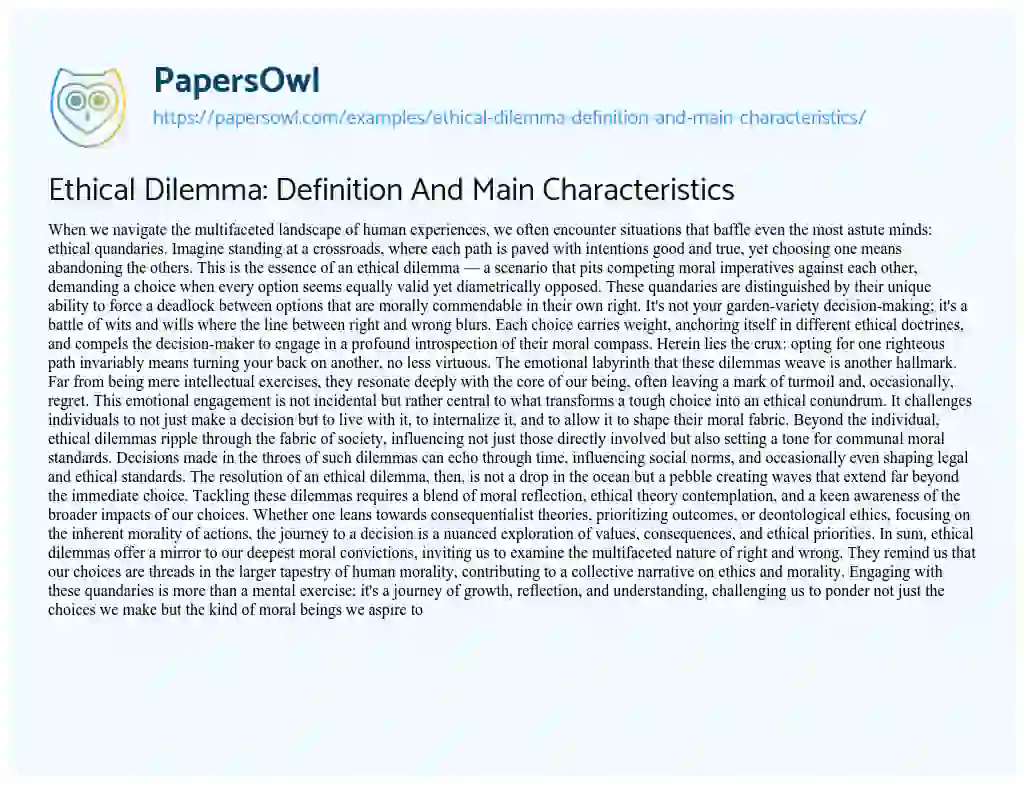 Essay on Ethical Dilemma: Definition and Main Characteristics